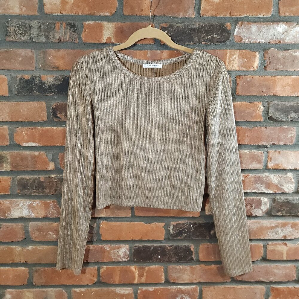 Zara Taupe Open Knit Lightweight Metallic Herringbone Sweater Neutral Women's S - Picture 2 of 7